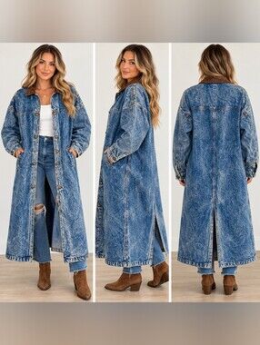 Vintage Essentials Denim Duster Coat L Acid Wash Leather Collar Western 90s